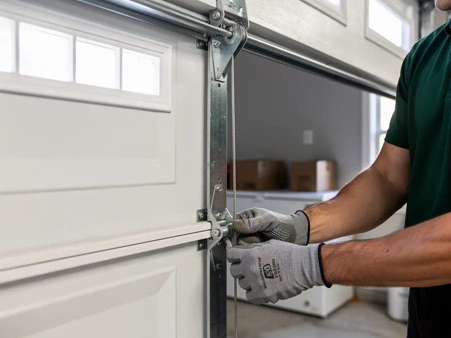 A technician in gloves adjusts the cable on a white garage door.