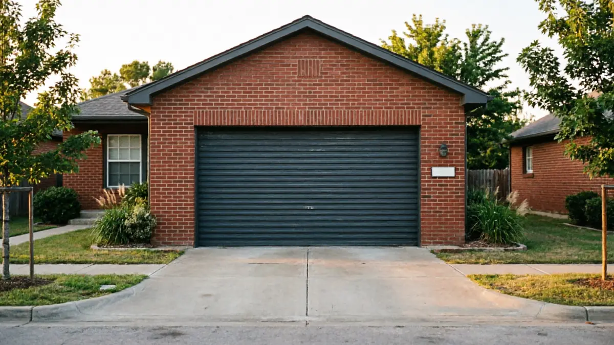 A brick house has a dark gray garage door with horizontal panels.