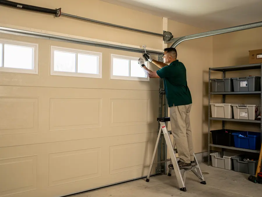A technician on a ladder adjusts a beige garage door with windows.