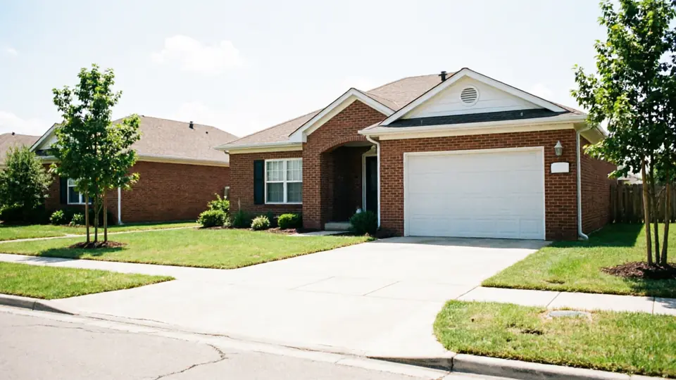 A white garage door is on a red brick house with a green lawn.