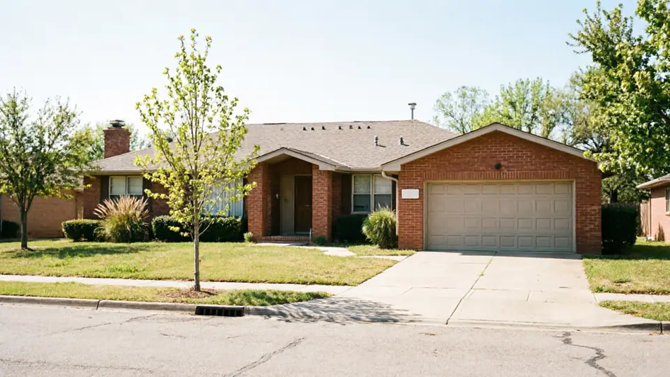 A red brick house has a light brown garage door and a driveway.
