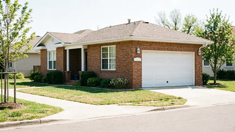 A brick house with a white garage door and a front porch.