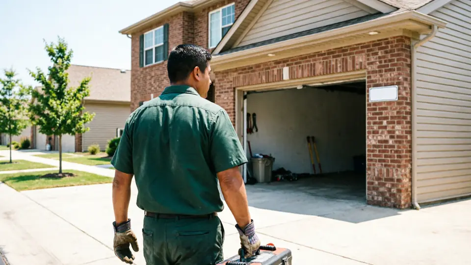 A technician in a green shirt carries a toolbox toward an open garage door.