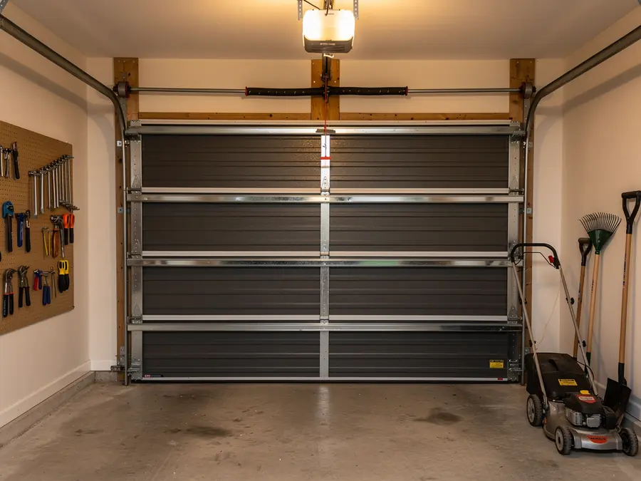 A closed gray garage door with an opener and tools on the walls.