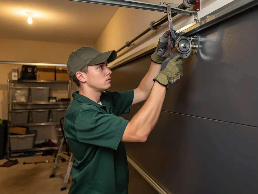 A technician in a green shirt and cap works on a garage door mechanism.